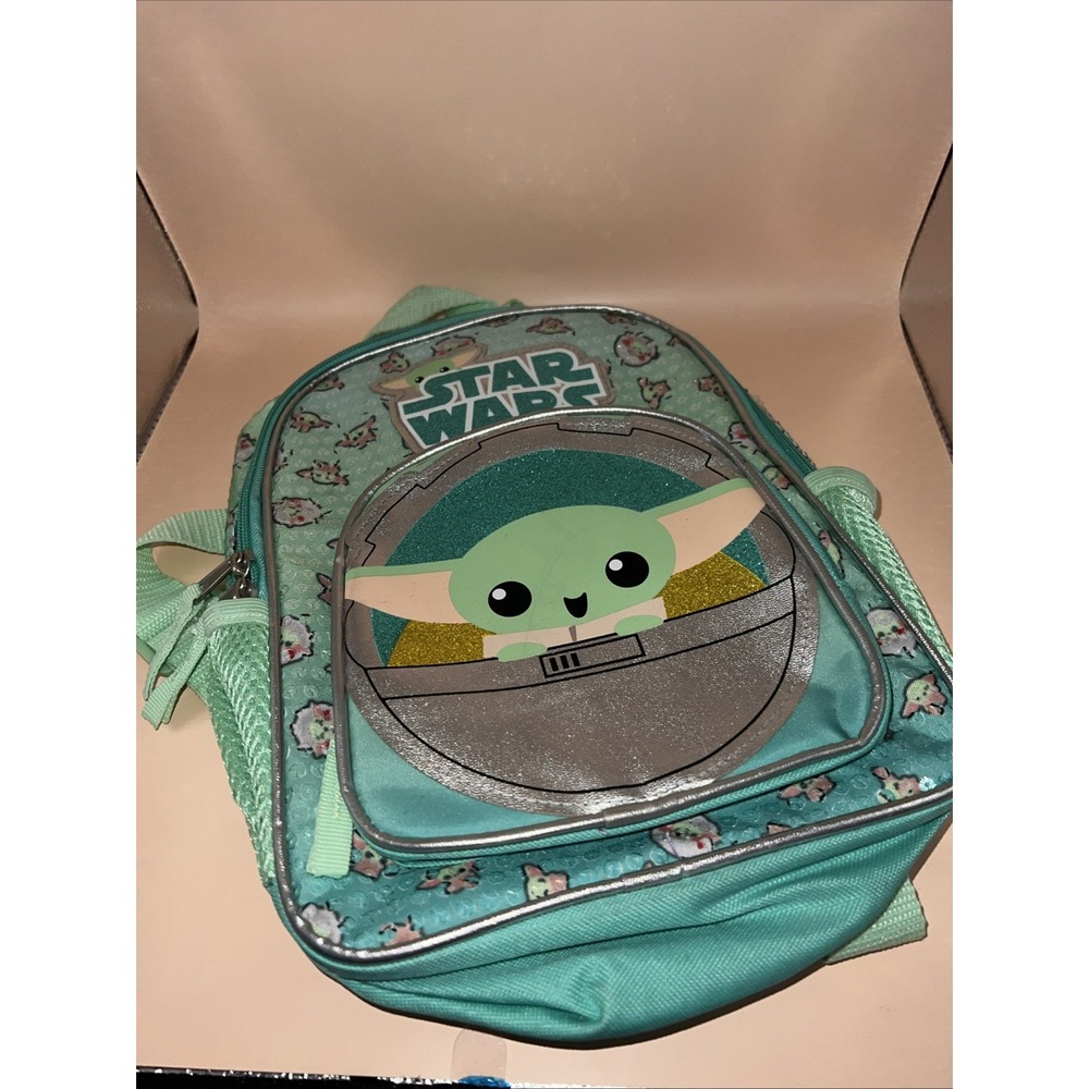 Star Wars Grogu Baby Yoda 11" Adj. Backpack 2 Zipper Pouches Lt Green